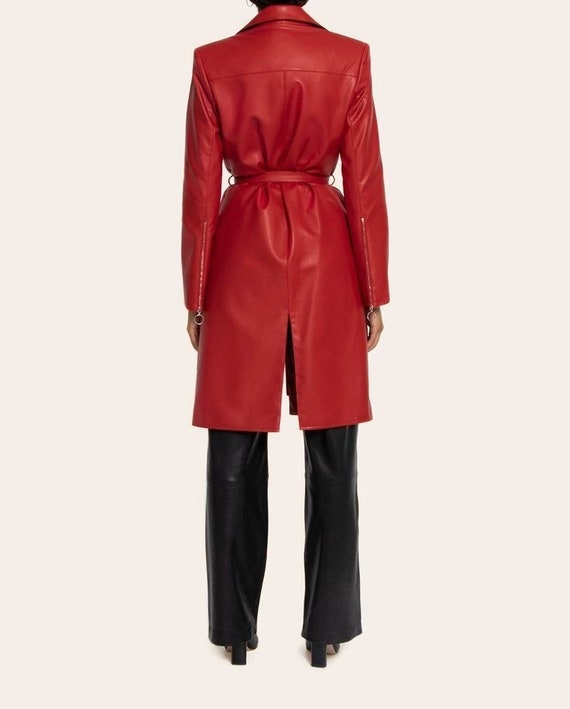 Handmade Genuine Red Leather Trench Coat, Women's Belted Overcoat