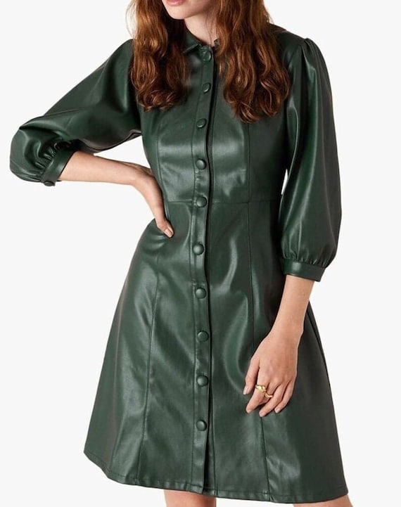 Handmade Green Leather Mini Dress, Women's Cocktail Dress