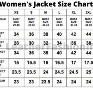 May include: A size chart for women's jackets, showing measurements for bust, waist, hip, shoulder, sleeves, and front length in inches. The chart includes sizes from XS to 3XL.