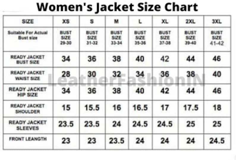 May include: A size chart for women's jackets, showing measurements for bust, waist, hip, shoulder, sleeves, and front length in inches. The chart includes sizes from XS to 3XL.