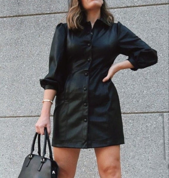 Handmade Black Leather Mini Dress, Women's Shirt Dress - Etsy