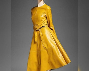 Robe en cuir pour femme faite main, robe midi en cuir, robe de cocktail en cuir, robe en cuir jaune, robe de cocktail midi, robes évasées en cuir