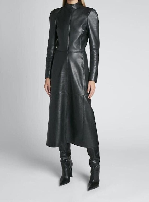 leather high neck dress MissPap Women's Faux Leather High Neck Moulded Waist Mini Dress in Black