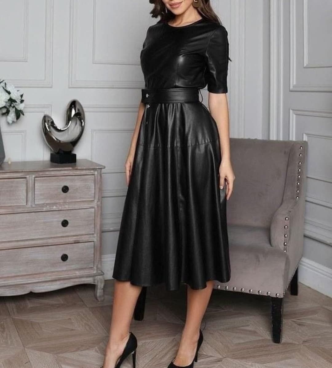 junior flare dresses Faux-Ever Leather Fit-And-Flare Midi Dress – Forbes Fashions main image 1