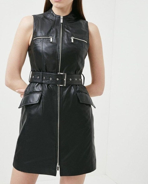 chinese dress ladies Black Textured Faux Leather Button Down Mini Dress