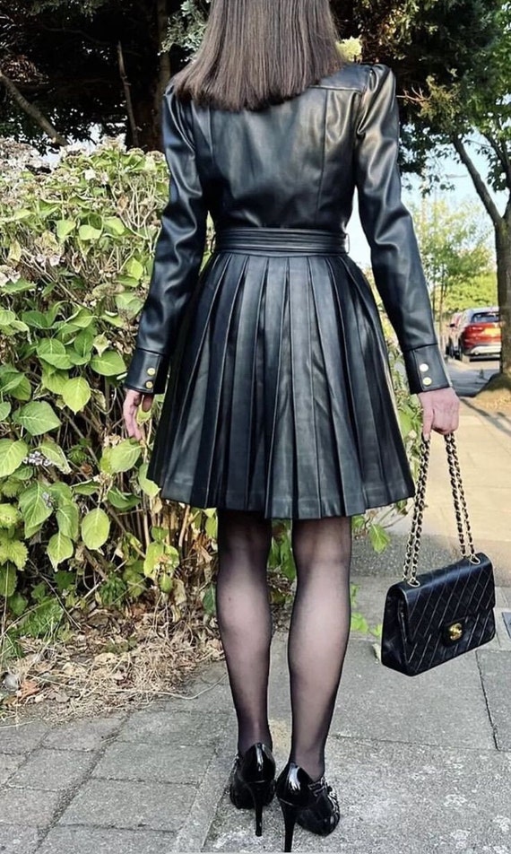 quilted leather dress Genuine Mini dress, Flare Skirt, Cocktail dress, Women's dress, Women's leather dress, Women's plated dress, leather Mini Ivory Black