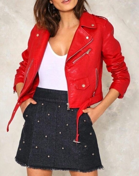 Handmade leather jacket, Women's leather jacket, red leather jacket, short leather jacket, leather cropped jacket, women biker jackets,