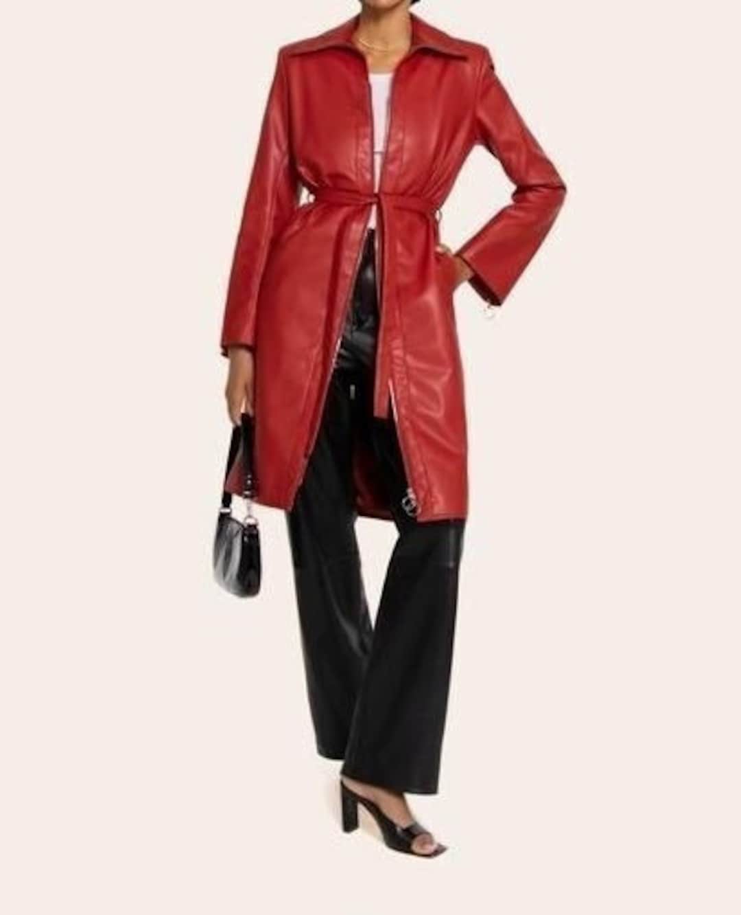 ジャケット・アウター TornadoMart Red Leather Belted Long Coat Handmade Genuine Red Leather Trench Coat, Women's Belted Overcoat