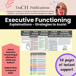 以下が含まれることがあります： ピンクと黄色のグラフィックで、「TeaCH Publications」と「Executive Functioning」というテキストが大きく太字で書かれています。グラフィックには、ADHDと自閉症のある子供たちの遂行機能に関するテキストと、スキルを向上させるためのヒントも含まれています。「Executive Functioning Skills」というタイトルの表と、スキルと改善のための戦略のリストも含まれています。