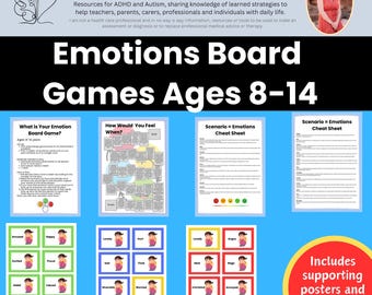 May include: A colorful printable emotions board game for children ages 8-14. The game includes a board, cards, and cheat sheets. The board is green, yellow, and red. The cards are green, yellow, red, and blue. The cheat sheets are white with black text. The game is designed to help children learn about and manage their emotions. The text on the board says "What is Your Emotion Board Game? Ages 8-14 years". The text on the cards says "Amused", "Happy", "Lonely", "Hurt", "Lonely", "Angry", "Excited", "Proud", "Sad", "Tired", "Mad", "Rage", "Relieved", "Upset", "Miserable", "Worried", "Infuriated", "Annoyed", "Worried", "Cheerful", "Scared", "Nervous". The text on the cheat sheets says "Scenario = Emotions Cheat Sheet".