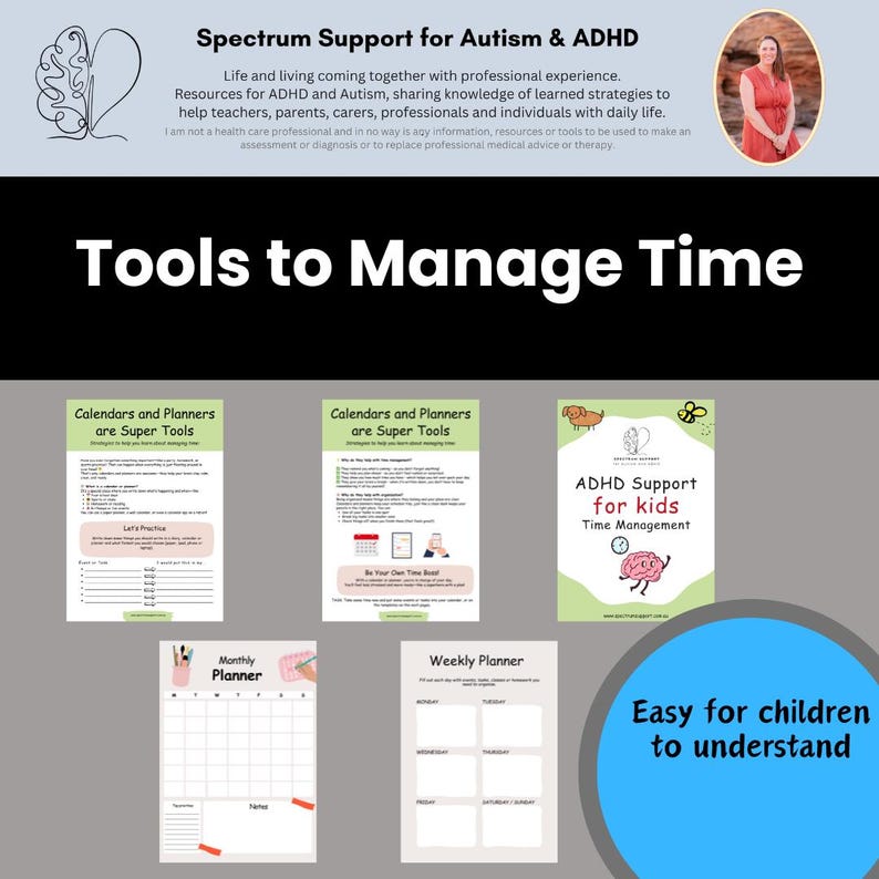May include: Image features resources for ADHD and Autism, including calendars, planners, and time management tools. The text reads "Tools to Manage Time" and "Easy for children to understand."