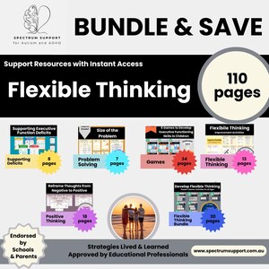 May include: A bundle of resources for autism and ADHD support, titled "Flexible Thinking." The image features various educational materials, including guides on executive function, problem-solving, and positive thinking. The bundle contains 110 pages of resources.