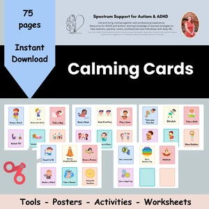 May include: A set of 75 calming cards for children with autism and ADHD. The cards feature colourful illustrations of activities such as taking a nap, reading a book, deep breathing, playing a game, taking a time-out, stretching, taking a bath, watching TV, counting to 10, drawing a picture, using a stress ball, using a sensory toy, meditating, watering a plant, taking a shower, and enjoying the sunshine. The cards are designed to help children manage their emotions and cope with stress.