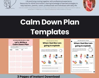 Calm Down Plan Template for Anxiety Management Emotional Regulation Therapy Worksheets Parent Help Autism Spectrum Support for ADHD Planner