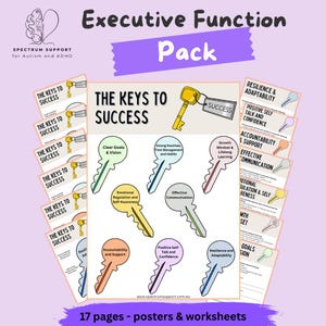 May include: A pack of educational resources titled "Executive Function Pack" with the text "The Keys to Success." The image features colorful key illustrations with related concepts. The pack includes 17 pages of posters and worksheets, designed for autism and ADHD support.