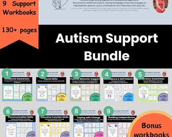 May include: A colorful set of 9 autism support workbooks for kids, with titles like "Emotional Awareness", "Social Skills", and "Sensory Awareness". The workbooks are designed to help children develop social, emotional, and behavioral skills. The set also includes bonus workbooks for parents.