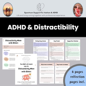 May include: A collection of educational materials on ADHD and distractibility. The image features a title card with the text "ADHD & Distractibility" and several pages with information on managing ADHD. The materials include the text "Spectrum Support for Autism & ADHD".