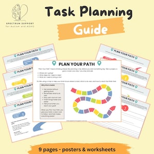 May include: A task planning guide titled "Task Planning Guide" with worksheets and posters. The guide features the text "Plan Your Path" and a colourful game board design. It is designed to support individuals with autism and ADHD.
