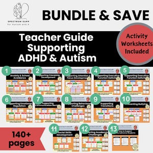 以下が含まれることがあります： 「Teacher Guide Supporting ADHD & Autism」というタイトルと「Bundle & Save」と「Activity Worksheets Included」というテキストが書かれたカラフルなガイド。ガイドは13のセクションに分かれており、それぞれに番号とタイトルが付けられています。ガイドは140ページ以上あります。