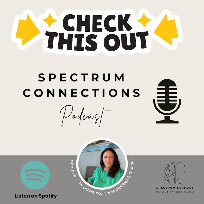 Peut inclure: Graphique promotionnel pour le podcast "Spectrum Connections". L'image pr&eacute;sente le texte "Check This Out" au-dessus du titre du podcast et une ic&ocirc;ne de microphone. Une photo d'une femme est dans un cercle. Le logo Spotify est &eacute;galement pr&eacute;sent.