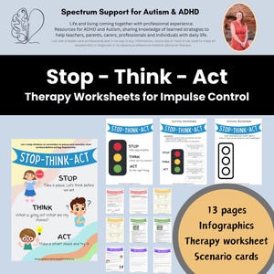Hojas de trabajo de terapia para niños con TDAH, pensamiento y acción Folleto para terapeutas del espectro autista Desarrollar el control de impulsos Herramienta de ayuda para el comportamiento infantil