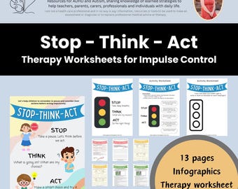 Stop Think Act Therapy Worksheets for Kids with ADHD Autism Spectrum Therapist Handout Develop Impulse Control Child Behavior Help Tool