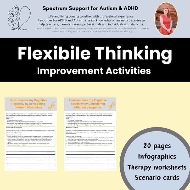 Peut inclure: Image avec le texte "Spectrum Support for Autism & ADHD" et "Flexible Thinking Improvement Activities." Contient des fiches de travail, des infographies et des cartes de sc&eacute;narios pour la th&eacute;rapie. L'image contient &eacute;galement une photo d'une femme.