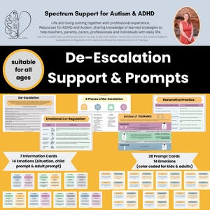 May include: A colorful printable resource for supporting individuals with autism and ADHD. The resource includes information cards, prompt cards, and a guide to de-escalation. The title of the resource is "De-Escalation Support & Prompts".