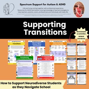May include: A set of printable worksheets and handouts to help support neurodiverse students as they navigate school transitions. The worksheets are colorful and feature illustrations of children. The text on the worksheets includes "Navigating School Transitions", "How to Support Children When Transitioning", "Ways to Develop Transitioning Skills", "Transitioning Problems Look Like This", and "Transitioning Activity: Transition Time Challenge".