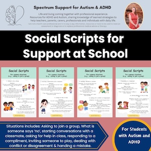 Puede incluir: Cuatro guiones sociales imprimibles coloridos para estudiantes con autismo y TDAH. Los guiones cubren situaciones comunes como pedir unirse a un grupo, iniciar conversaciones, pedir ayuda, responder a cumplidos, invitar a alguien a jugar, lidiar con conflictos y manejar errores. El texto incluye "Guiones sociales para situaciones comunes" y "Para estudiantes con autismo y TDAH".