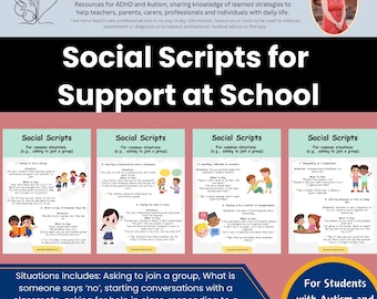 May include: Four colorful printable social scripts for students with autism and ADHD. The scripts cover common situations like asking to join a group, starting conversations, asking for help, responding to compliments, inviting someone to play, dealing with conflict, and handling mistakes. The text includes "Social Scripts for Common Situations" and "For Students with Autism and ADHD".