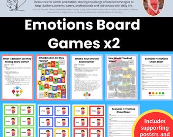 May include: A set of two board games designed to help children learn about emotions. The games feature colorful illustrations of children expressing different emotions. The games are titled "What is Emotion are they Feeling Board Game?" and "What is Your Emotion Board Game?" The games are designed for ages 3-7 and 8-14 years old. The set also includes supporting posters and infographics.