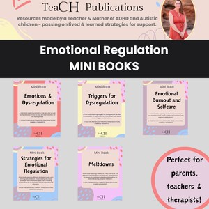 Peut inclure: Un ensemble de cinq mini-livres avec des couvertures à motifs roses et blancs. Les livres sont intitulés "Emotions & Dysregulation", "Triggers for Dysregulation", "Emotional Burnout and Selfcare", "Strategies for Emotional Regulation", et "Meltdowns". Les livres font partie d'une série appelée "Emotional Regulation Mini Books" et sont décrits comme un outil pour les individus, les parents, les enseignants, les éducateurs, les soignants et les thérapeutes. Le texte "Parfait pour les parents, les enseignants et les thérapeutes !" est affiché dans un cercle rose.