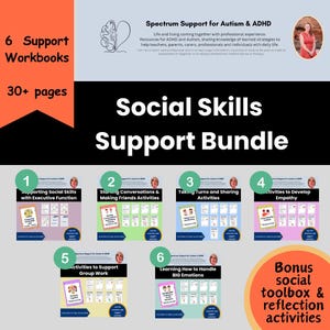 May include: A bundle of 6 support workbooks for Autism & ADHD, with 30+ pages. The workbooks cover topics like social skills, conversations, empathy, and group work. Includes a bonus social toolbox and reflection activities.