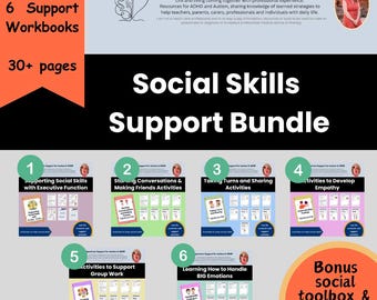 Puede incluir: Un paquete de 6 cuadernos de trabajo de apoyo para el autismo y el TDAH, con más de 30 páginas. Los cuadernos cubren temas como habilidades sociales, conversaciones, empatía y trabajo en grupo. Incluye una caja de herramientas.