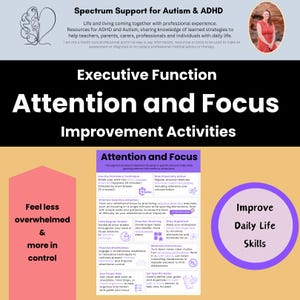 Peut inclure: Une infographie colorée intitulée "Activités d'amélioration de l'attention et de la concentration" avec plusieurs conseils pour améliorer l'attention et la concentration. Les conseils incluent l'utilisation de la technique Pomodoro, la pratique de l'attention sélective, la prise de pauses régulières, la pratique de la pleine conscience et l'utilisation d'aides visuelles.