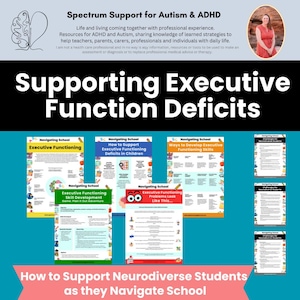 May include: A colourful infographic with the title "Supporting Executive Function Deficits" and the text "How to Support Neurodiverse Students as they Navigate School". The infographic is divided into sections with titles such as "Navigating School Executive Functioning" and "Executive Functioning Skill Development".