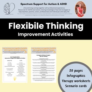 Peut inclure: Image avec le texte "Spectrum Support for Autism & ADHD" et "Flexible Thinking Improvement Activities." Comprend des infographies, des feuilles de travail de th&eacute;rapie et des cartes de sc&eacute;narios. L'image contient &eacute;galement du texte sur la th&eacute;rapie cognitivo-comportementale.