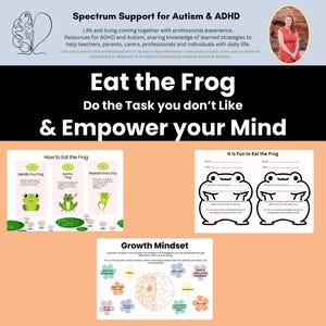 Könnte beinhalten: Ein druckbares Arbeitsblatt mit dem Titel "Eat the Frog" und dem Untertitel "Do the Task you don't Like & Empower your Mind". Das Arbeitsblatt enthält drei Abschnitte: "How to Eat the Frog", "It is Fun to Eat the Frog" und "Growth Mindset". Jeder Abschnitt zeigt einen Comic-Frosch und Text.