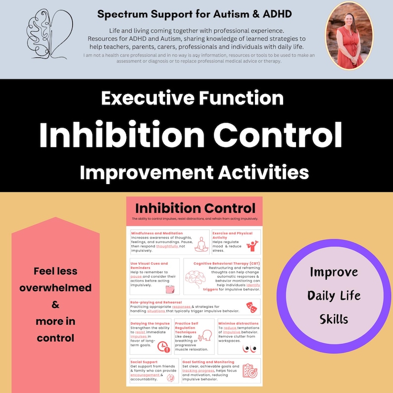 Puede incluir: Una infograf&iacute;a rosa y blanca con el t&iacute;tulo "Actividades de mejora del control de la inhibici&oacute;n". La infograf&iacute;a est&aacute; dividida en secciones con consejos para mejorar el control de la inhibici&oacute;n, como la atenci&oacute;n plena, el ejercicio, la terapia cognitivo-conductual, los juegos de rol, el retraso de los impulsos, la pr&aacute;ctica de la autorregulaci&oacute;n, la minimizaci&oacute;n de las distracciones, el establecimiento de objetivos y el apoyo social.