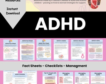 May include: A pink and white graphic with the text "ADHD Support Resources" and "Instant Download". The graphic also includes the text "TeaCH Publications" and "Resources made by a Teacher & Mother of ADHD and Autistic children - passing on lived & learned strategies for support." The graphic also includes the text "ADHD" in large white letters. The graphic also includes a variety of fact sheets and checklists related to ADHD.