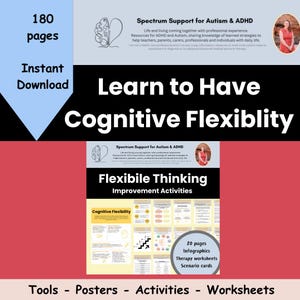 K&ouml;nnte beinhalten: Ein farbenfrohes Poster mit dem Titel "Lernen, kognitive Flexibilit&auml;t zu haben" und dem Untertitel "Flexible Denkf&auml;higkeiten verbessern". Das Poster bietet eine Vielzahl von Aktivit&auml;ten und Werkzeugen, um die kognitive Flexibilit&auml;t zu verbessern, darunter Infografiken, Therapie-Arbeitsbl&auml;tter und Szenariokarten. Das Poster ist f&uuml;r die Verwendung mit Personen mit Autismus und ADHS konzipiert.