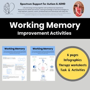 May include: An image promoting resources for Autism and ADHD, featuring the text "Working Memory Improvement Activities." The image includes infographics, therapy worksheets, tasks, and activities. The design incorporates a brain graphic and a photo of a woman.