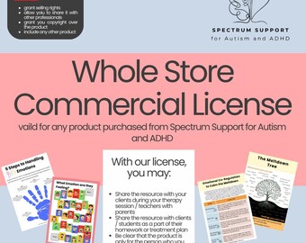 May include: A pink and white graphic with the text "Whole Store Commercial License" and a description of the license for therapists, teachers, and health professionals. The license allows sharing resources with clients during therapy sessions, students as part of their homework or treatment plan, and parents. The graphic also includes images of three different resources: "5 Steps to Handling Emotions", "What Emotion are they Feeling?", and "The Meltdown Tree".