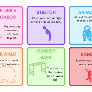 K&ouml;nnte beinhalten: Sechs farbenfrohe Aktivit&auml;tskarten mit Anweisungen und Illustrationen. Karten enthalten "Jump Like a Kangaroo", "Stretch", "Animals", "Bear Walk", "Monkey Bars" und "Dance". Jede Karte hat eine andere Farbe und ein verspieltes Design.