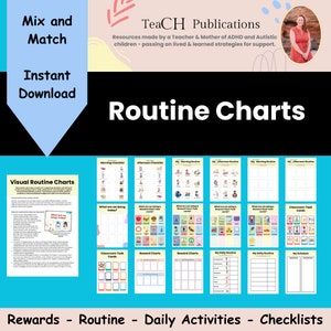 May include: A collection of printable routine charts for children. The charts feature colorful illustrations and are designed to help children learn and follow daily routines. The charts include a variety of topics, such as morning routines, afternoon routines, classroom tasks, and reward charts. The text on the charts reads "Routine Charts".