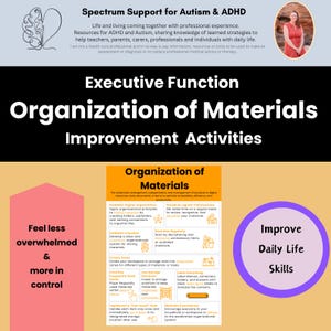 Peut inclure: Affiche informative sur l'"Organisation des Matériels pour la Fonction Exécutive - Activités d'Amélioration". Elle présente des conseils pour l'organisation, axés sur les compétences de la vie quotidienne et les ressources pour le TDAH et l'autisme.