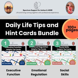 May include: A bundle of daily life tips and hint cards. The image shows three sets of cards labeled "Executive Function," "Emotional Regulation," and "Social Skills." Each set contains 35 A4 cards. The text "100+ pages" is also visible.