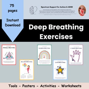 May include: A set of 75 printable deep breathing exercises for children. The exercises include a triangle, rainbow, 5 finger, balloon, and star breathing techniques. The posters are colourful and feature illustrations of each breathing technique. The text "Deep Breathing Exercises" is displayed in large, bold letters at the top of the image.