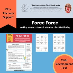 May include: Black and white printable game cards for a game called "Force Force" that focuses on working memory, focus and attention, and flexible thinking. The game is designed to help children with autism and ADHD. The text on the cards includes numbers and instructions. The game is a tool for child development.